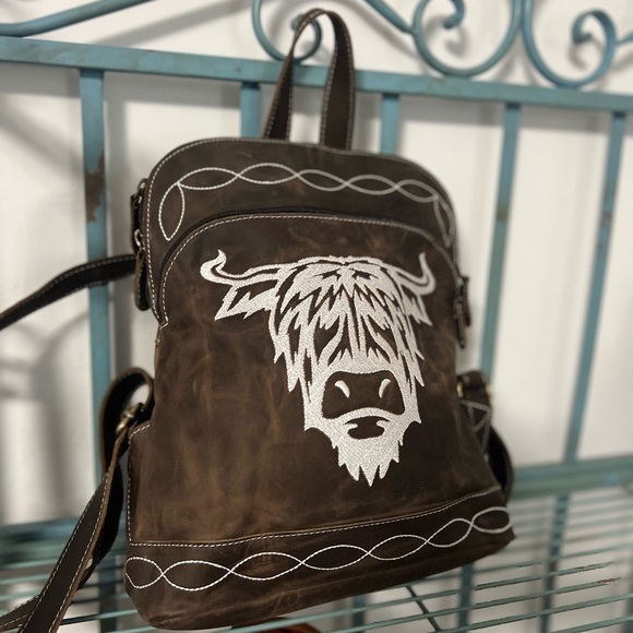 Rustic Highland Bull Genuine Crazy Horse Leather Small Backpack Bag Western Boho - Picture 9 of 13